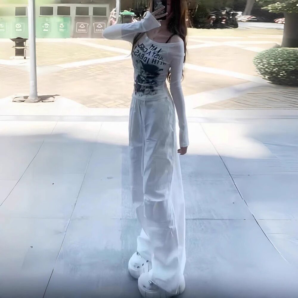 日系斜肩露肩防晒罩衫长袖女显瘦辣妹纯欲风上衣休闲长裤两件套夏
