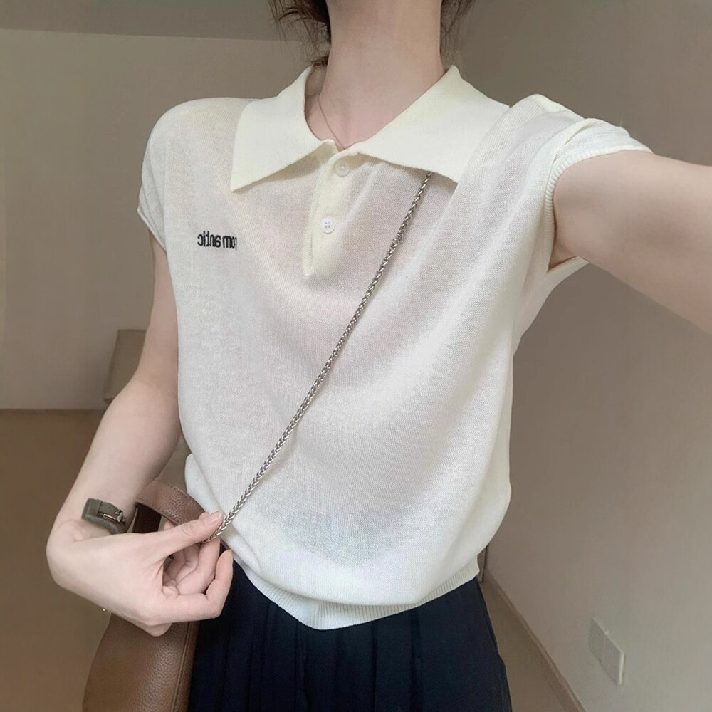 日系冰丝针织polo衫短袖t恤女