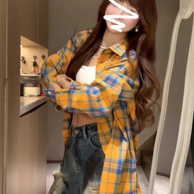 黄色格子长袖衬衫女上衣防晒衬衣
