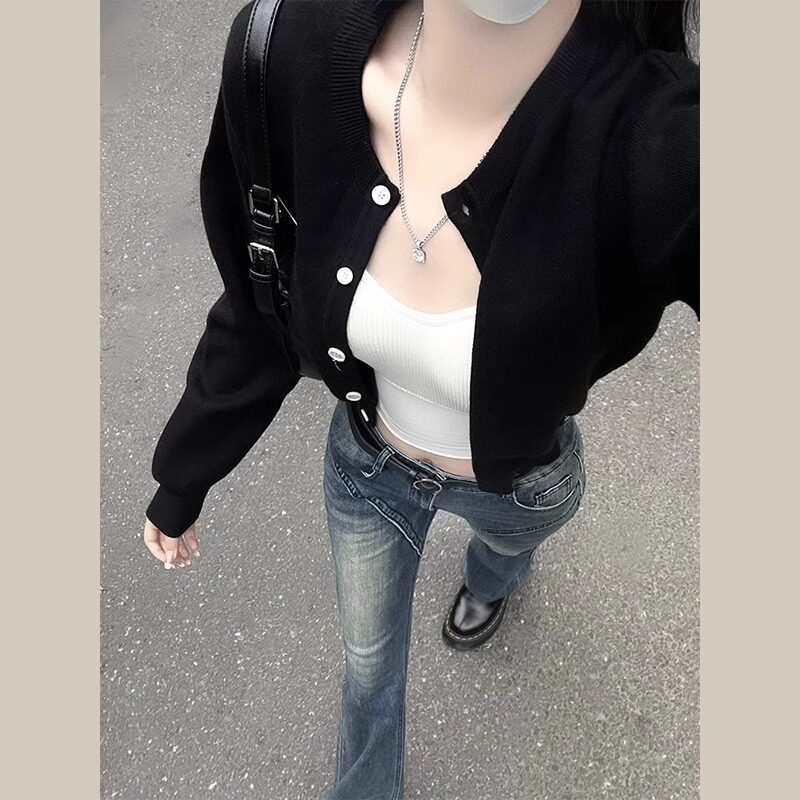 慵懒风黑色针织衫毛衣女冷淡系