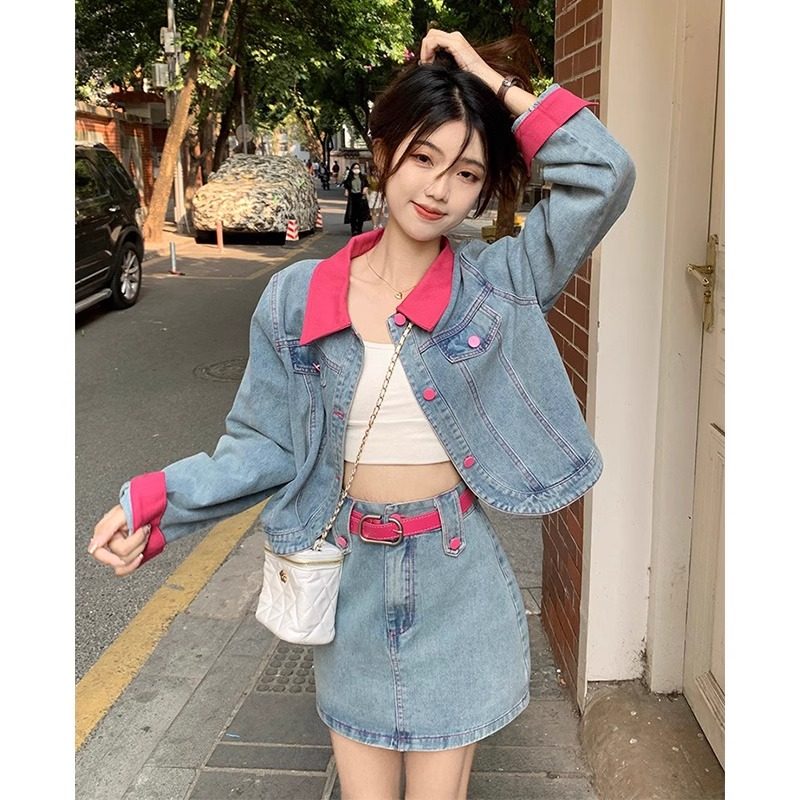 多巴胺短款牛仔上衣短裙套装女