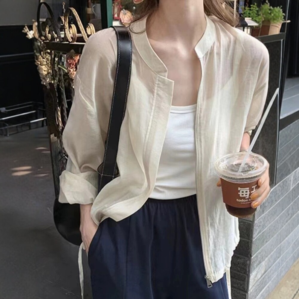日系拉链长袖防晒衬衫女夏季薄款外搭开衫高级感薄纱外套罩衫上衣 - 实物图