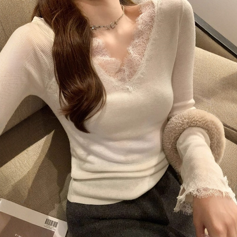 蕾丝v领长袖针织衫女软糯内搭