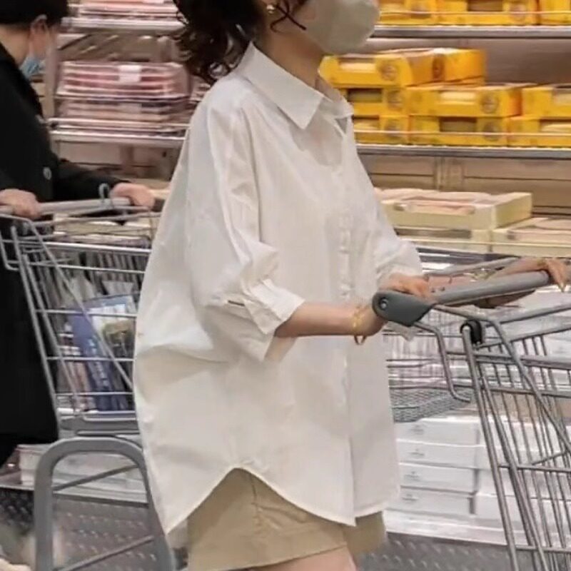防晒衬衫女七分袖宽松休闲衬衣