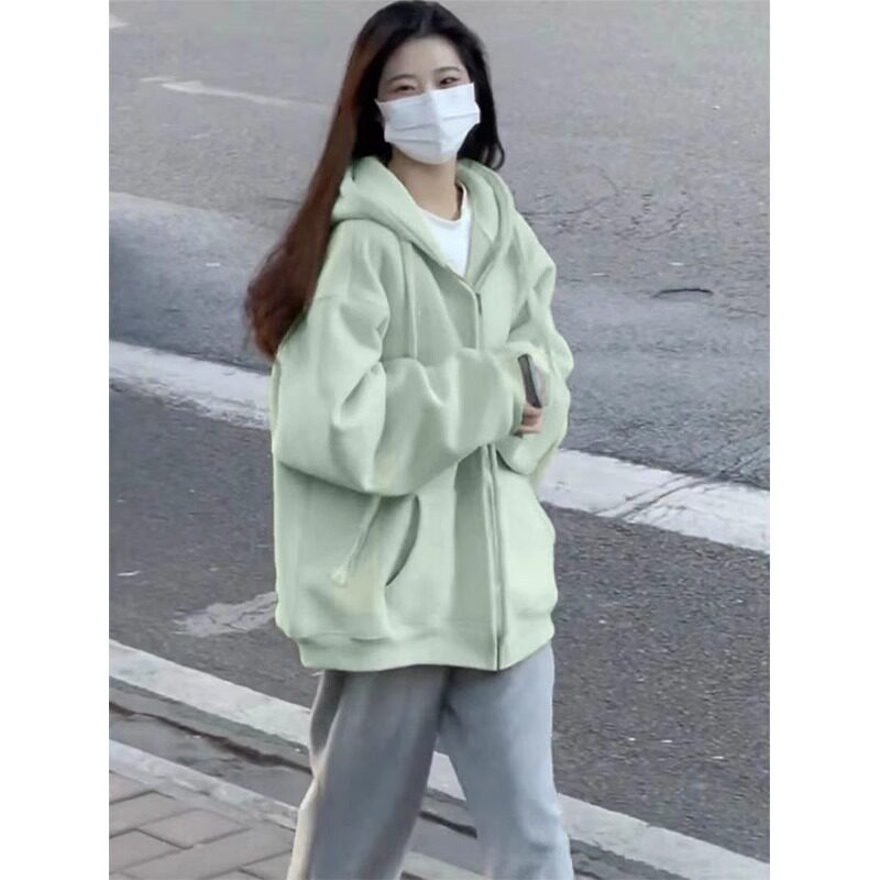 慵懒风宽松连帽加绒卫衣女