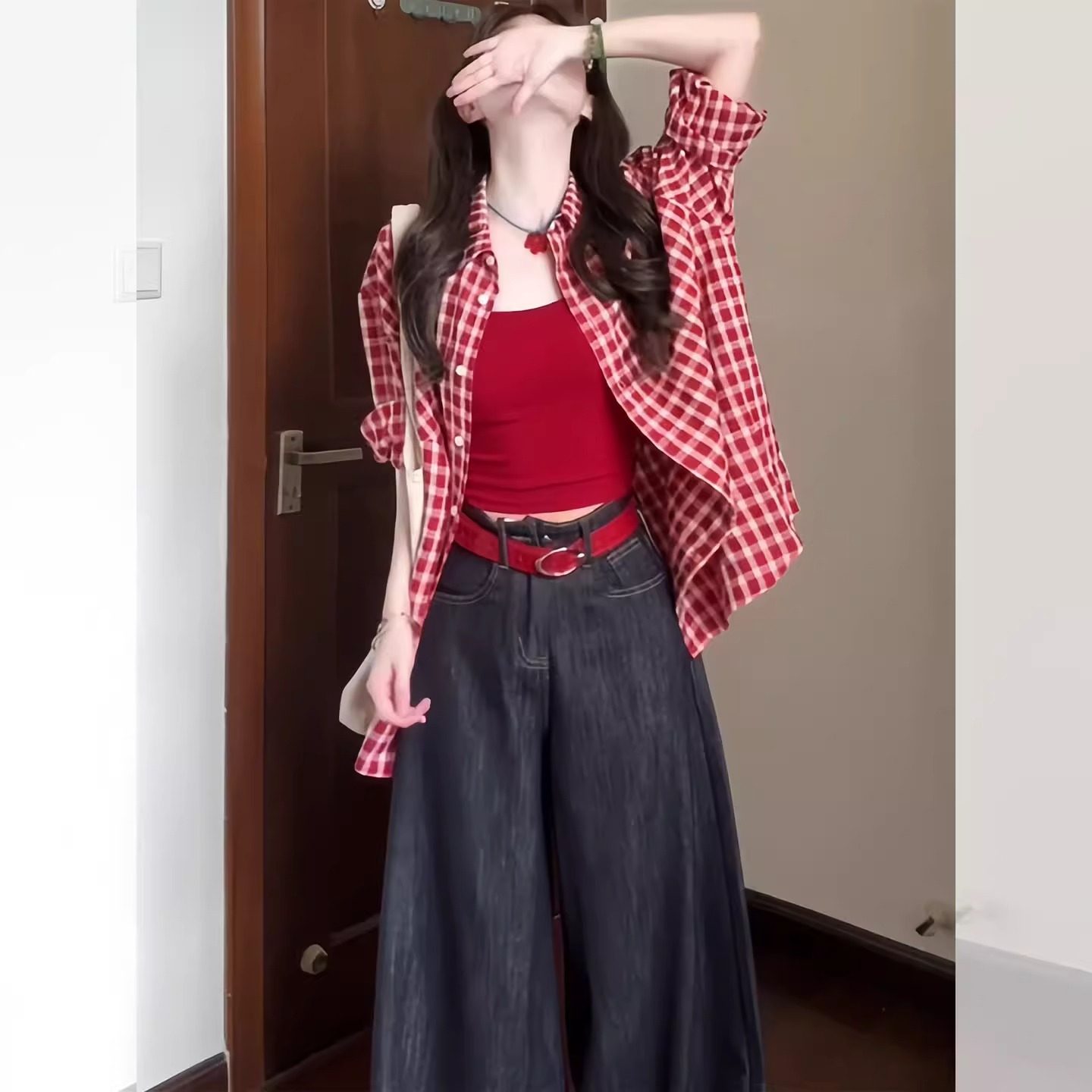 复古美式红色格子防晒长袖衬衫女