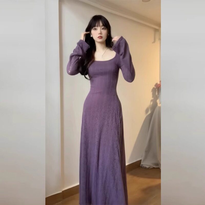纯欲鱼尾紫色连衣裙收腰包臀长裙