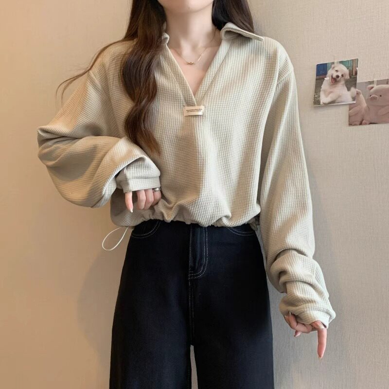 正肩短款长袖卫衣女别致抽绳T恤