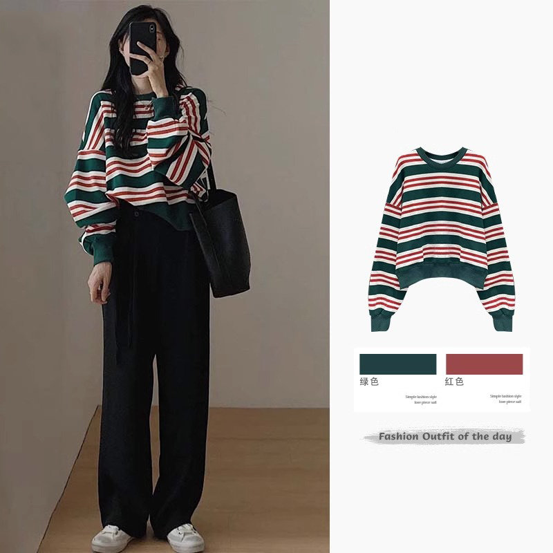 慵懒风oversize条纹正肩卫衣女