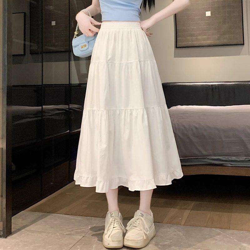 白色半身裙女褶皱高腰长裙