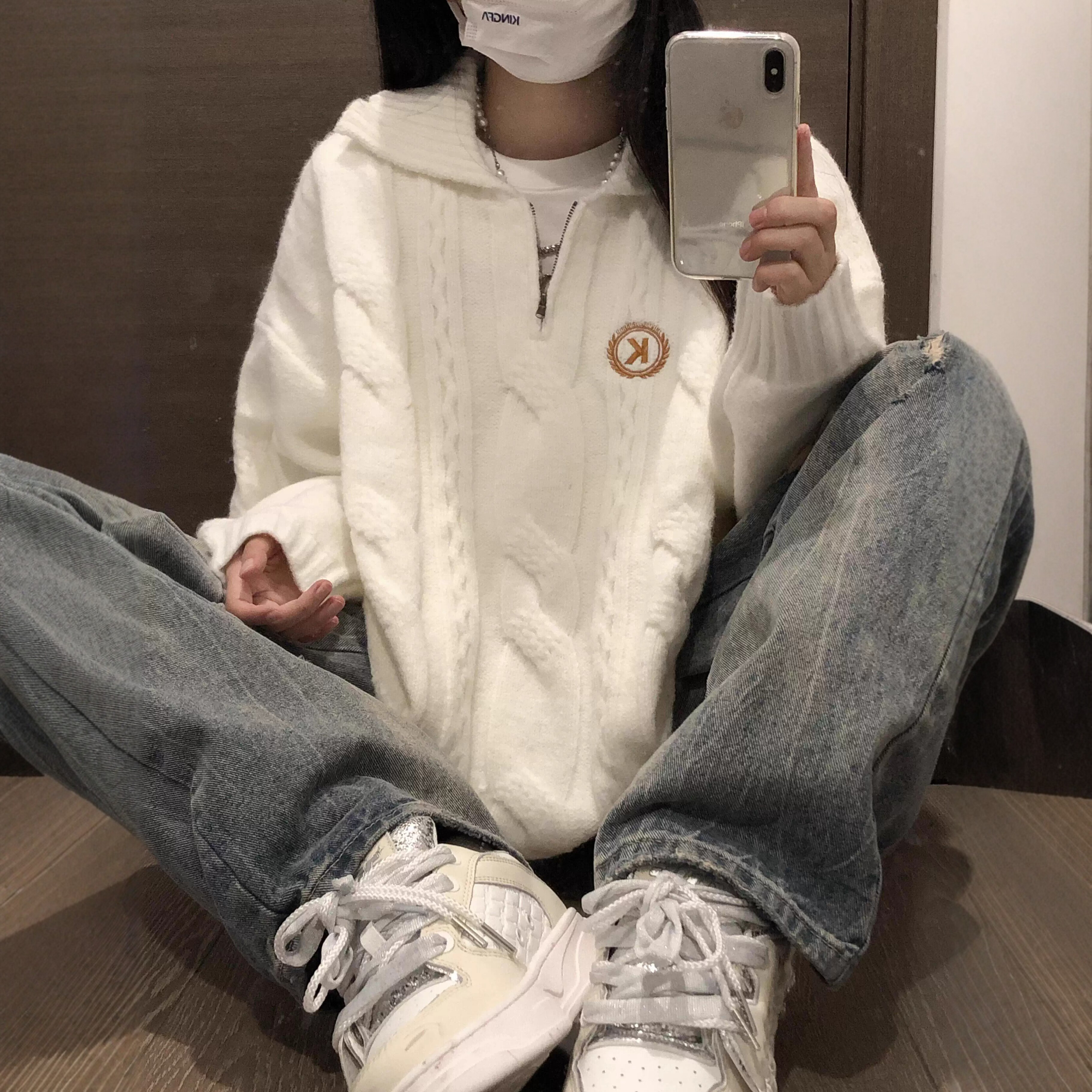 日系翻领拉链针织衫女秋冬季新款