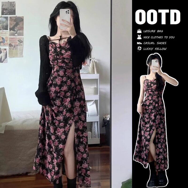 洋气纯欲风碎花吊带裙套装女