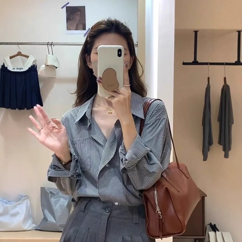 条纹翻领长袖衬衫女防晒衬衣上衣
