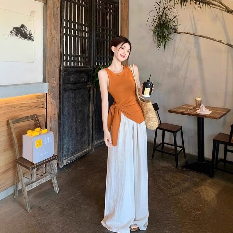 设计感不规则收腰系带吊带背心女