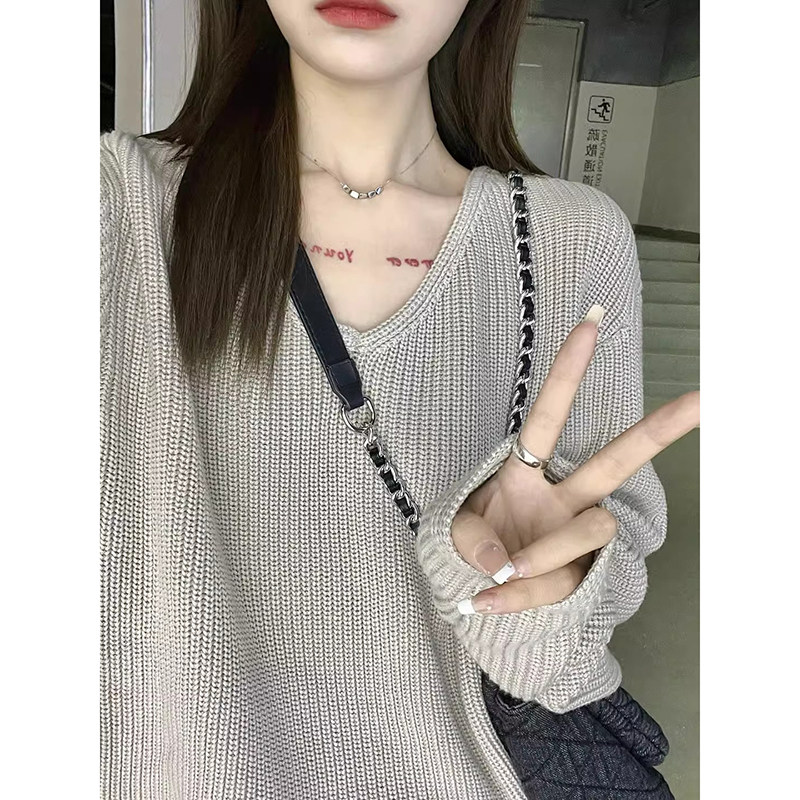 V领毛衣女慵懒风长袖套头针织衫