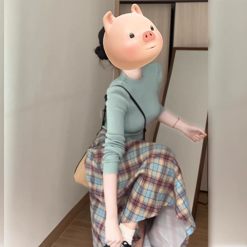 早秋季百搭气质格子连衣裙两件套