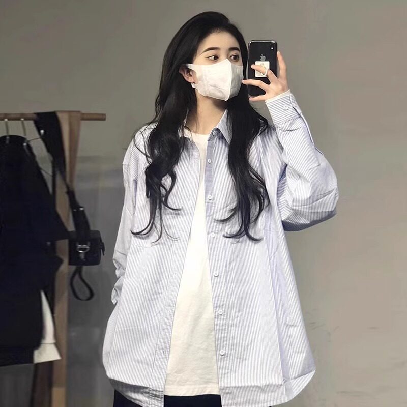 设计感小众蓝色条纹衬衫女