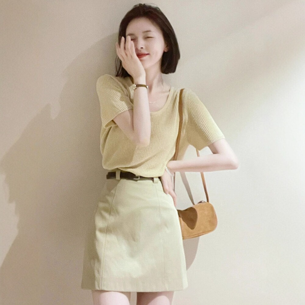 日系u领正肩针织短袖t恤女夏季