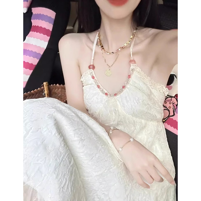 v领露背挂脖吊带连衣裙女