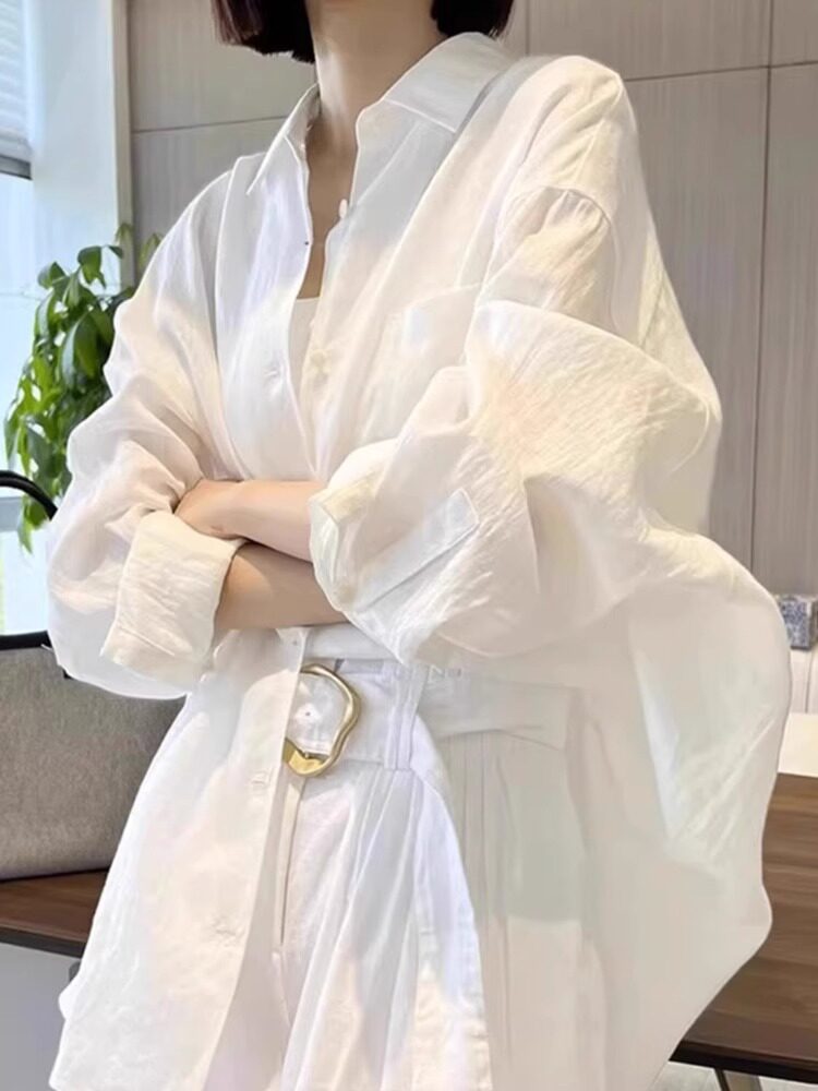 宽松高级感长袖亚麻衬衣韩版上衣