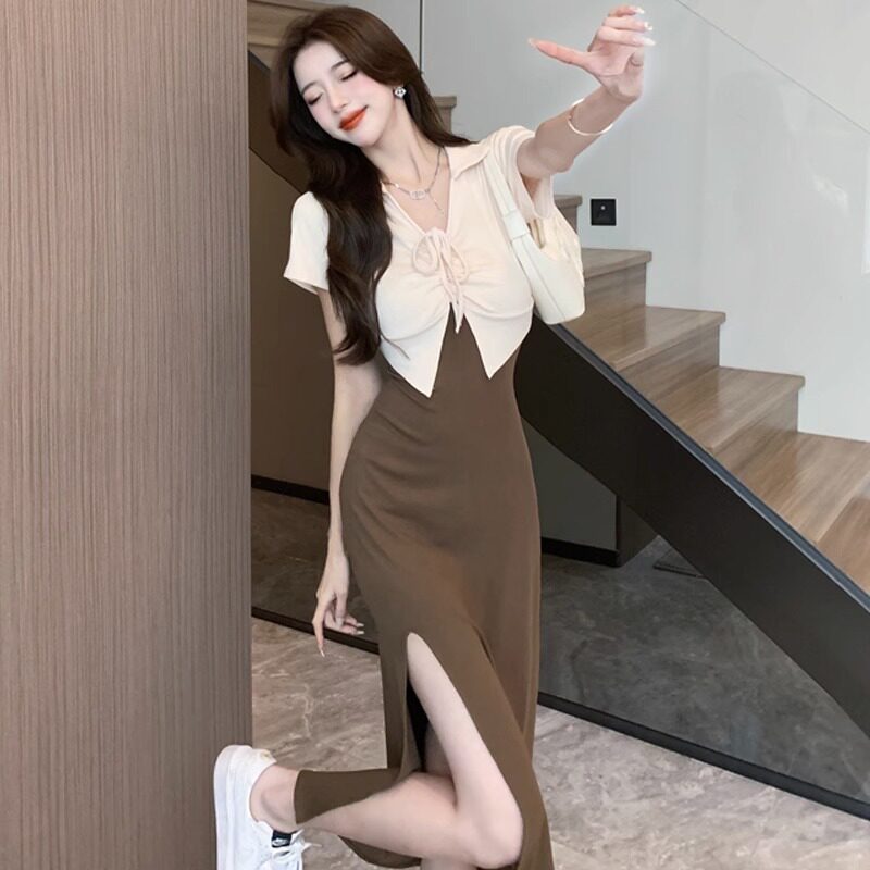 性感开叉假两件短袖连衣裙女