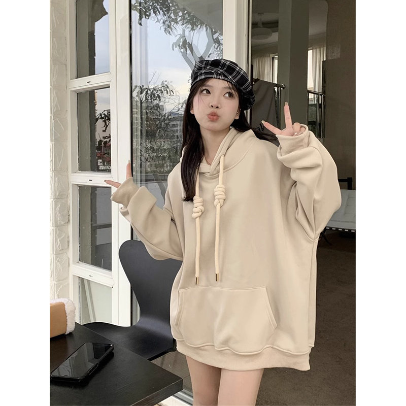 美式复古长袖连帽抽绳卫衣女