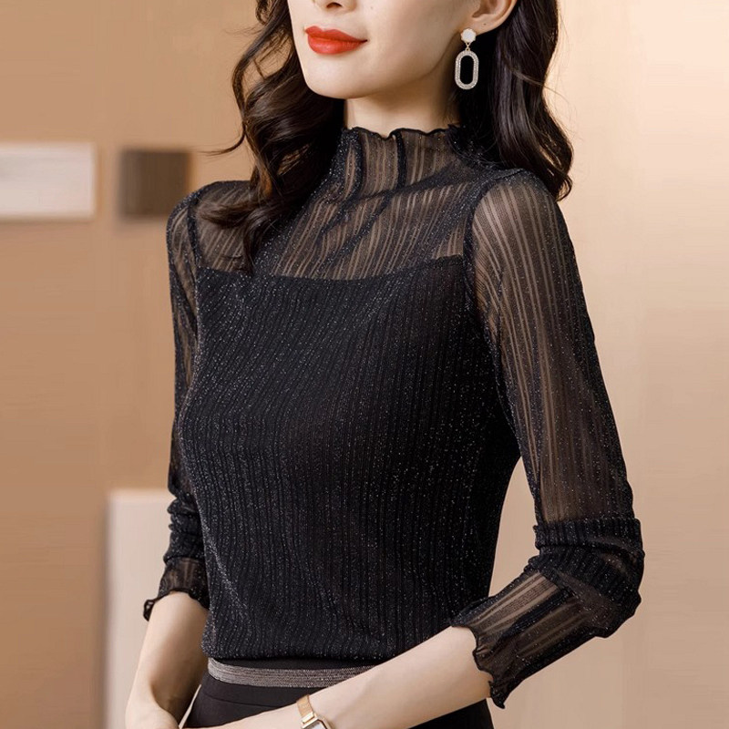 日系大码半高领蕾丝打底衫女