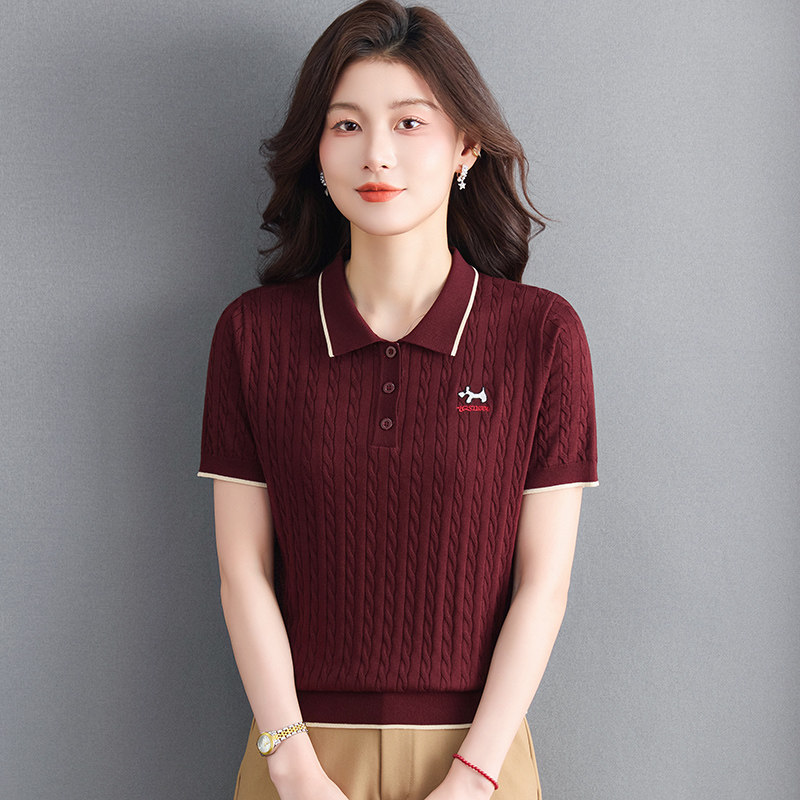 啄木鸟POLO领短袖麻花针织衫女夏季2026新款休闲百搭显瘦刺绣上衣