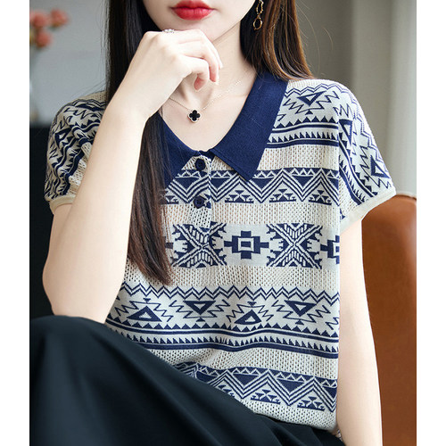 LOKA LURA短袖POLO领t恤女夏季打底衫洋派大尺码女装冰丝针织上衣