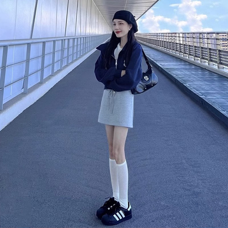 小个子拉链卫衣外套女臀裙两件套