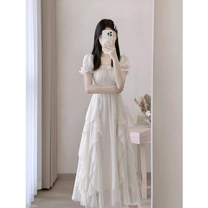 法式方领高级感仙女连衣裙女