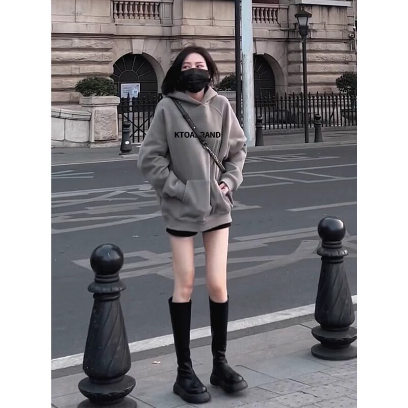 加绒加厚灰色连帽卫衣女