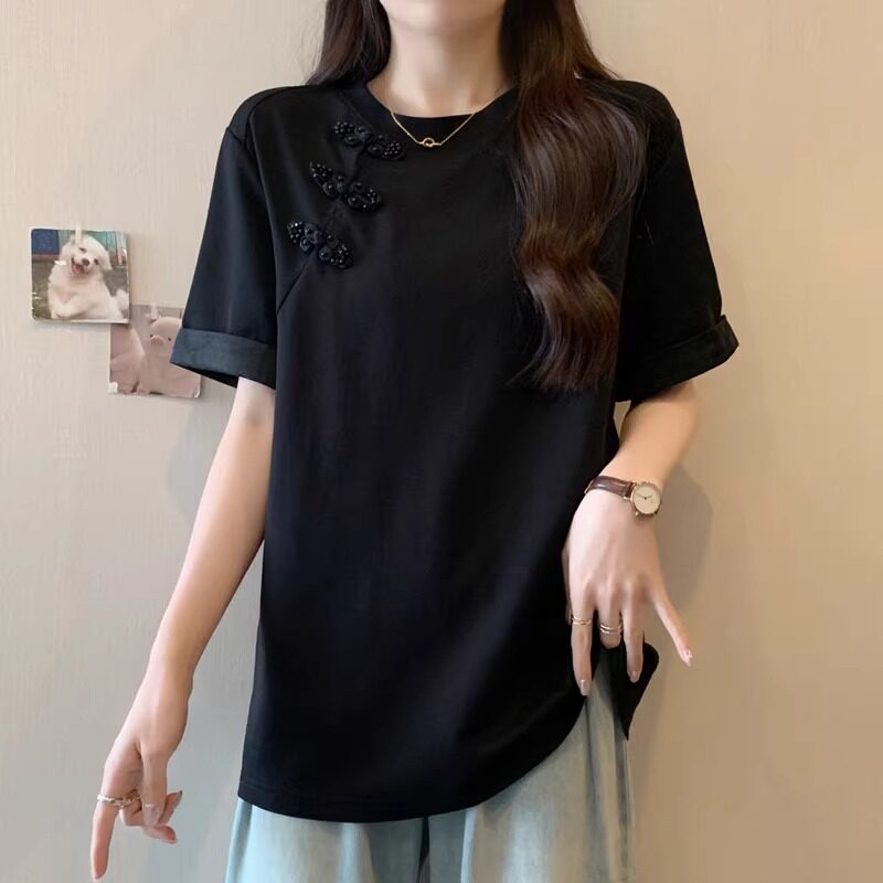 新中式国风盘扣遮肚短袖T恤女