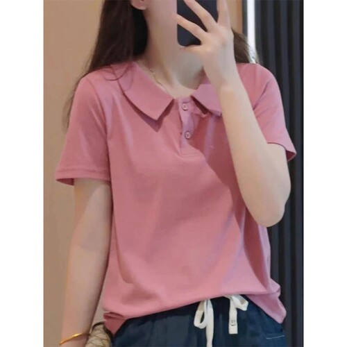 韩系粉色POLO领短袖T恤女显瘦