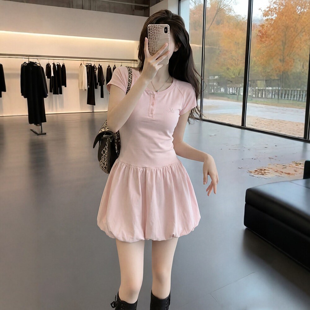 日系粉色短袖连衣裙女夏季蓬蓬裙