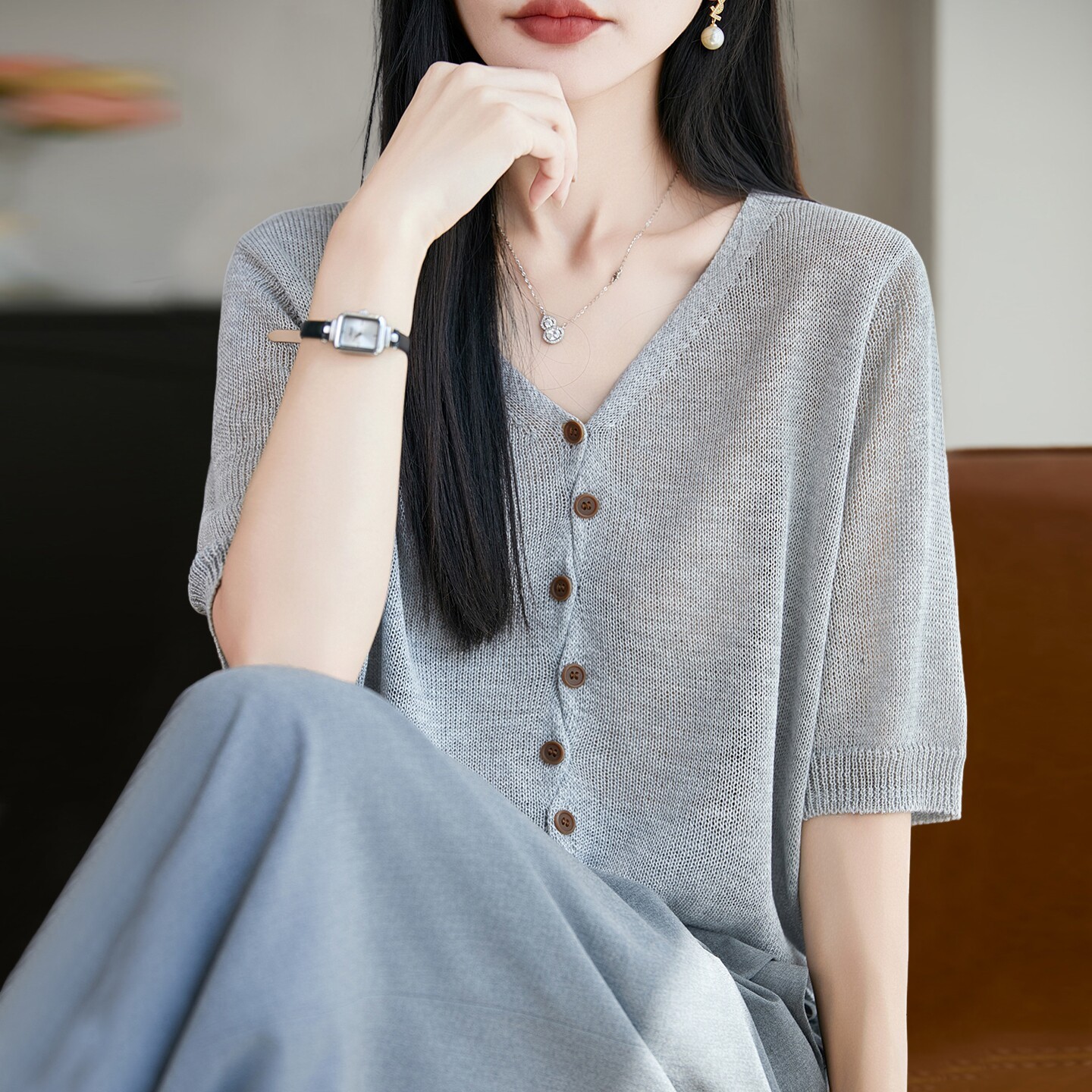 LOKA LURA镂空V领针织短袖t恤开衫女夏季薄款冰丝针织衫女装上衣