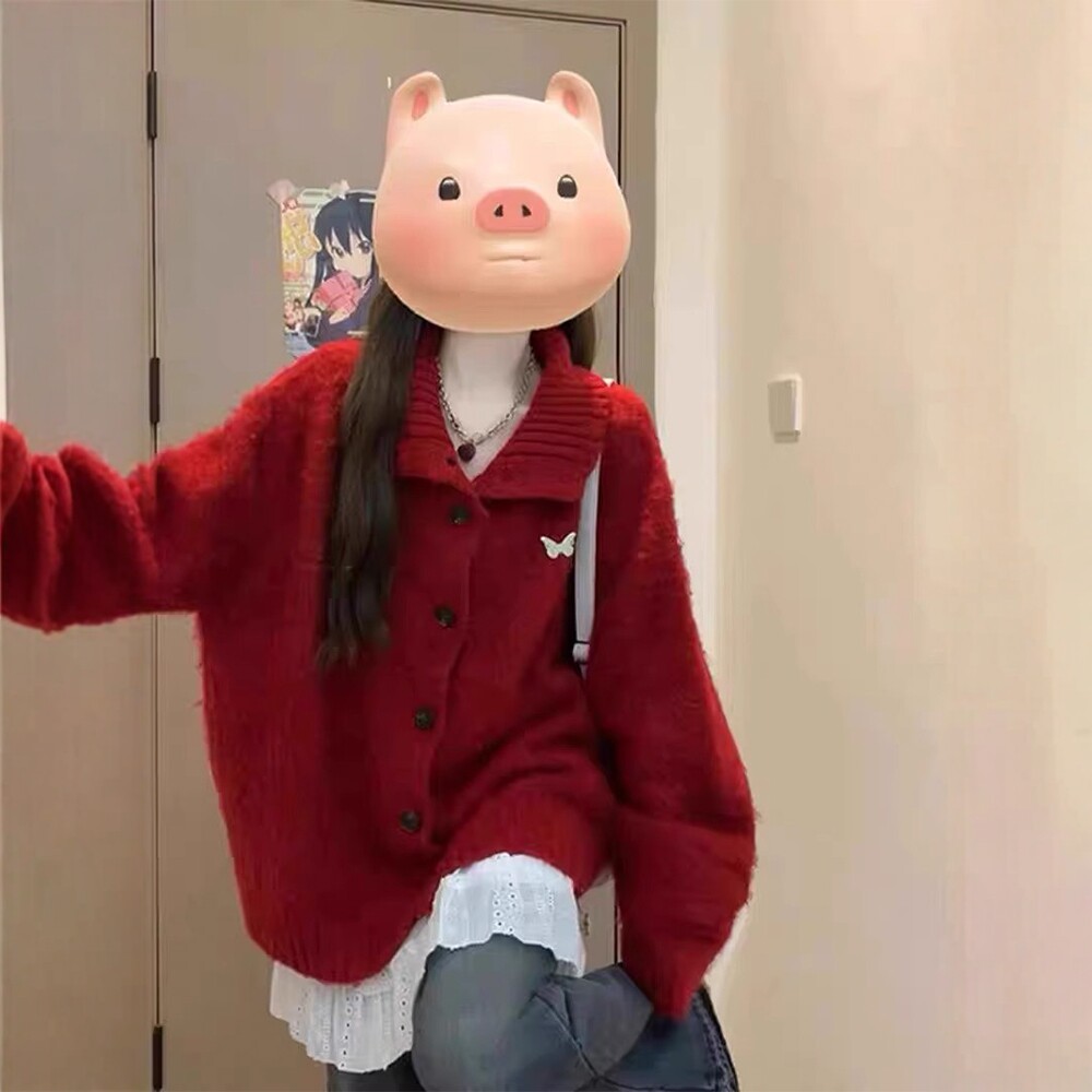 日系红色针织开衫女秋季休闲