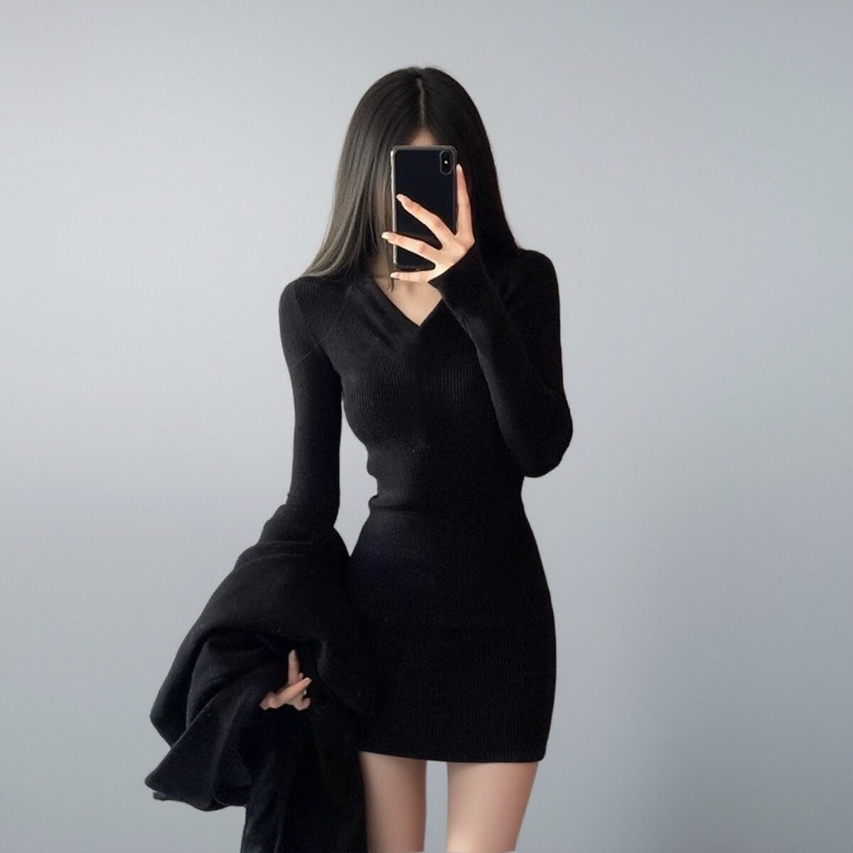 日系黑色v领紧身小个子针织连衣裙女秋冬加绒内搭显瘦修身包臀裙