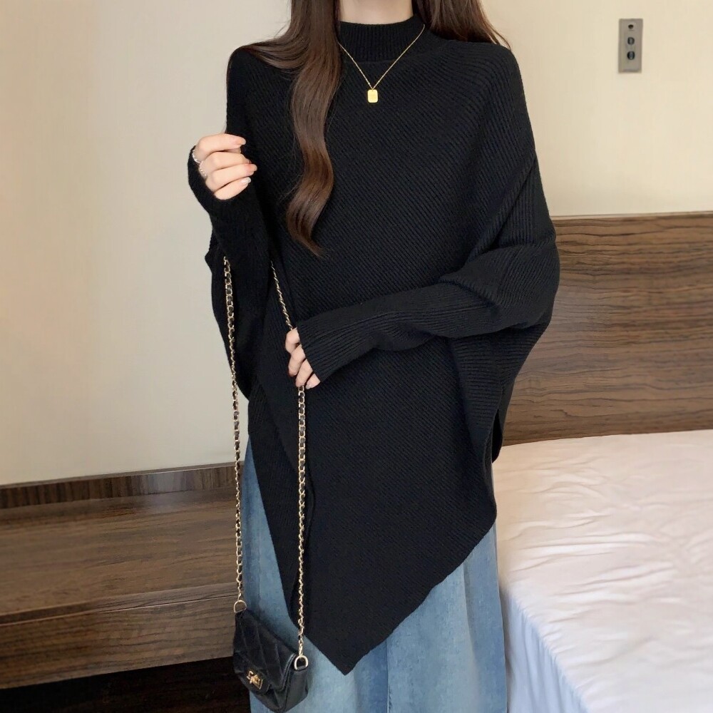 日系不规则蝙蝠袖针织衫女秋冬