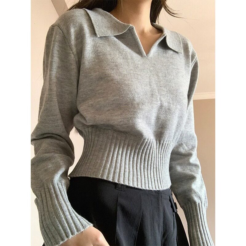 日系V领POLO针织打底衫女秋毛衣