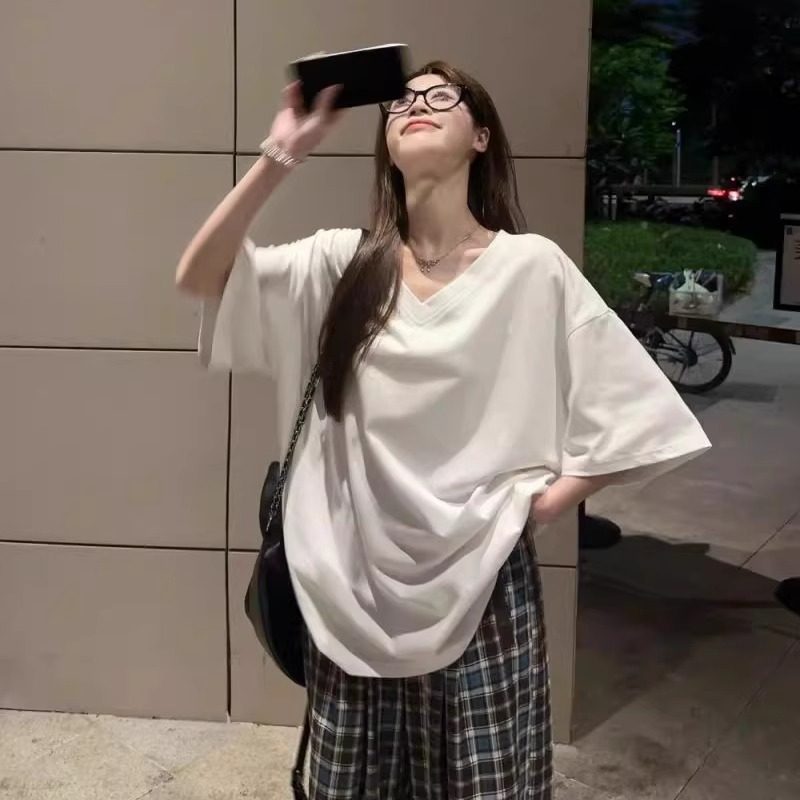 慵懒风T恤女宽松遮肚V领休闲体恤