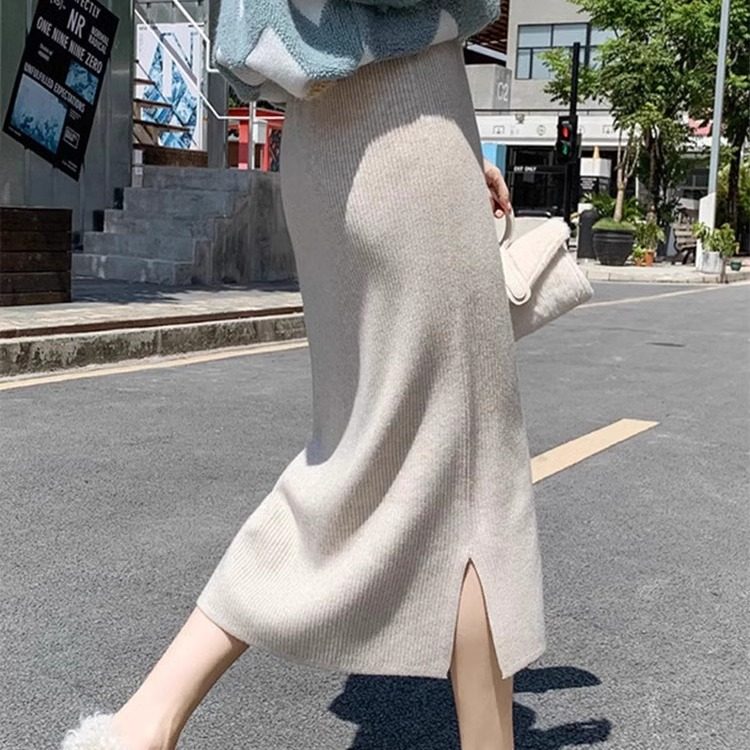 日系针织毛呢半身裙女春秋中长款加厚高腰包臀裙子开叉a字一步裙