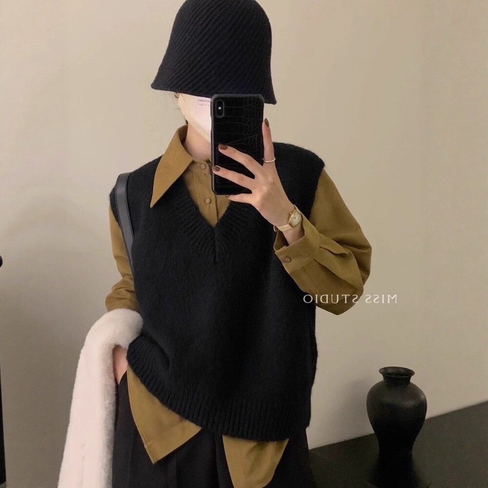 日系黑色v领套头针织马甲女秋冬