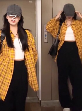 日系港味复古黄色格子衬衫女2025新款夏季薄款长袖上衣慵懒衣外套