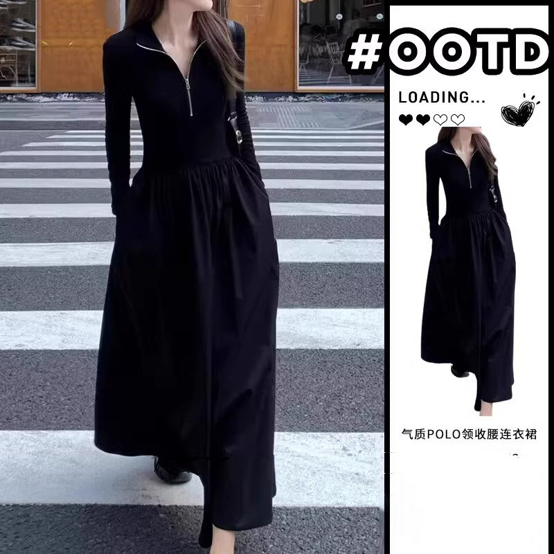 赫本风黑色长袖针织连衣裙女