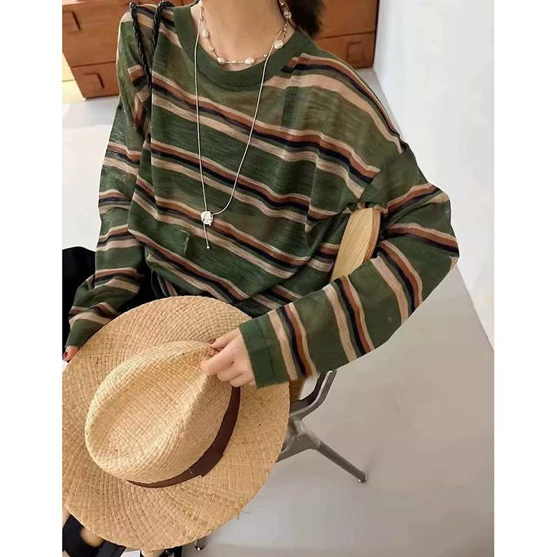日系夏季薄款条纹撞色冰丝针织长袖t恤女慵懒松弛感宽松防晒罩衫
