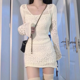 镂空针织连衣裙女春秋新款法式气质高级感甜辣风包臀茶歇裙子套装