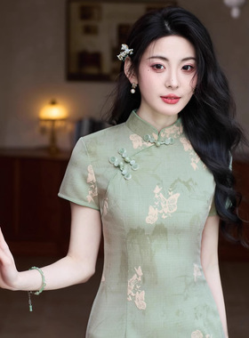 绿色旗袍女新中式2025新款高级国风蝴蝶连衣裙小个子夏季高考