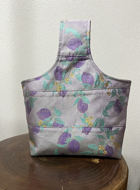 手工桑蚕丝宋锦真丝包紫色柠檬单提手遛弯菜篮子包琉璃花色异色罗