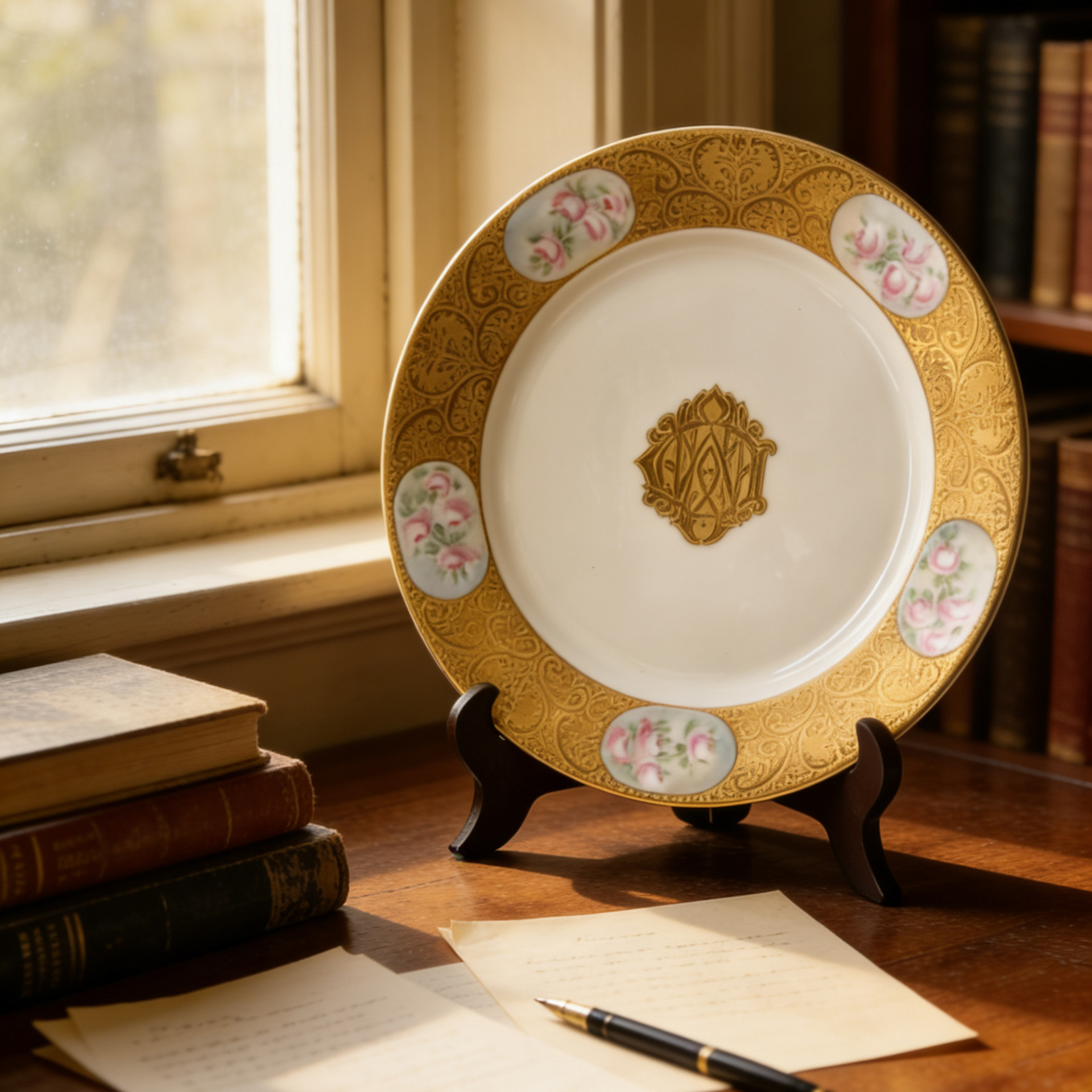 盘子宫廷风重奢鎏金手绘陶瓷盘高贵摆件家居墙挂装饰中古赏盘餐盘